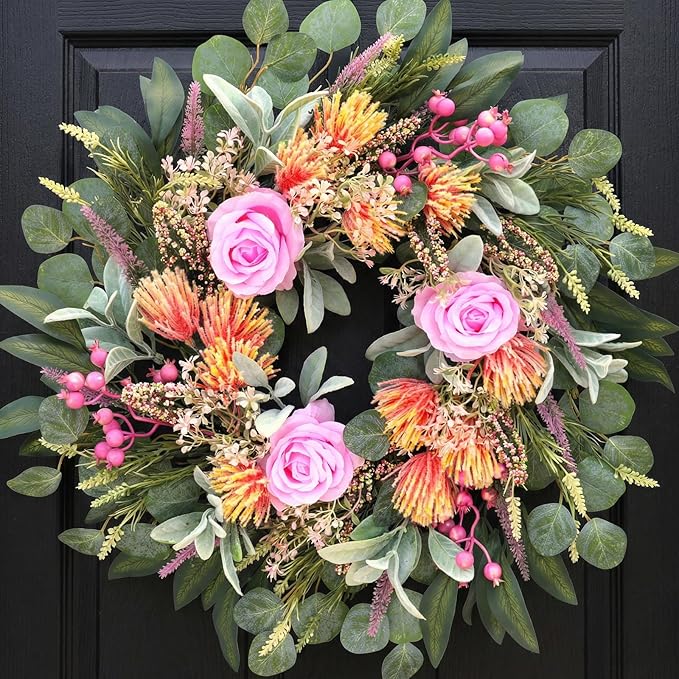 24 Inch Wreath for Front Door Spring Wreath with Purely Handmade Roses, Rose Leaves, Big Berries, Flocking Protea, Home Indoor Outdoor Wall Festival Farmhouse Holiday Decor Year Round