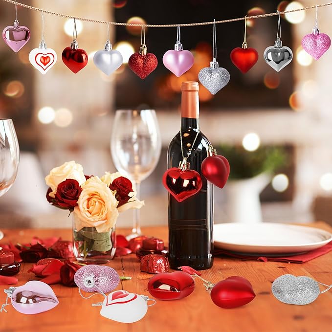 24PCS Heart Ornaments, 7 Kinds Valentine Ornaments for Tree, Valentine Tree Decorations in 4 Colors, Glitter Heart Shaped Baubles for Valentines Hanging Decorations Christmas Indoor Decor
