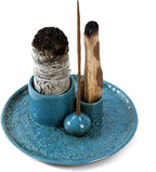 5 in 1 Incense Holder Burner, 5.9" Ceramic Holder for Burning Palo Santo Sage Candle and Incense Sticks Cones, Ash Catcher Tray for Meditation Room Home Décor(Blue)
