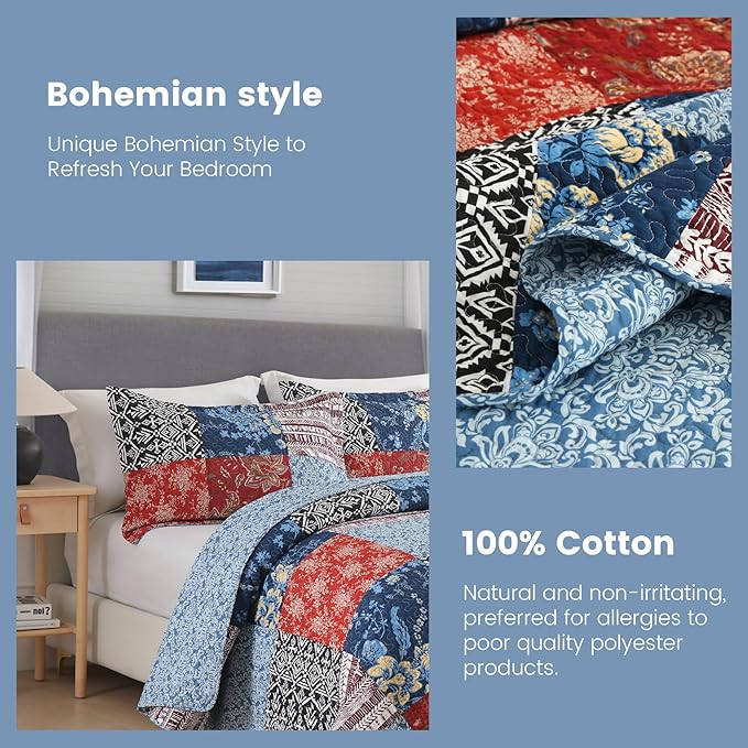 Secgo Queen Comforter Set for Bed - 100% Cotton Quilts Queen Size, Black Bedspreads (90 * 98 Inch) with 2 Pillow Shams, Patchwork Reversible Lightweight Bedding