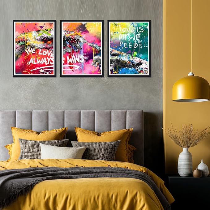 Novatique Banksy Canvas Wall Art Graffiti Street Print Pictures Hand Heart Pop Art Posters Hand Of God Graffiti Art Painting Framed for Living Room Bedroom,12" x 16" x 3Pcs