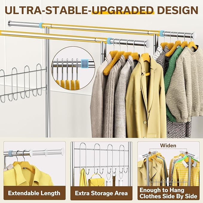 Heavy Duty Clothes Rack, 100% Stainless Steel Rolling Clothing Rack with 2 Tier Shelves, Double Rod Garment Racks for Hanging Clothing, Extendable Rolling Clothes Rack with Wheels (960LB)