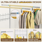 Heavy Duty Clothes Rack, 100% Stainless Steel Rolling Clothing Rack with 2 Tier Shelves, Double Rod Garment Racks for Hanging Clothing, Extendable Rolling Clothes Rack with Wheels (960LB)