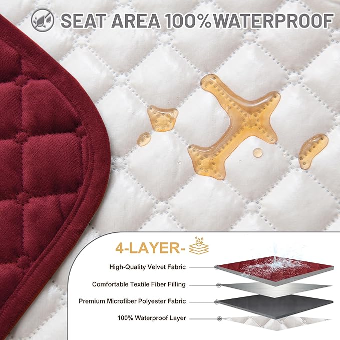 Recliner Sofa Covers 100% Waterproof Velvet L Shape Recliner Couch Covers for Dogs Pets Washable Anti Slip Recliner Slipcovers with Pockets (5 Seat Sofa with 2 Console, Wine Red)