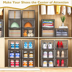 12 Pack Clear Shoe Storage Organizer with Magnetic Door, Stackable Plastic Shoe Boxes for Sneakers, Boots, and Heels, Space-Saving Foldable Shoe Rack for Closet, Durable Shoe Cabinet Organizer, Black