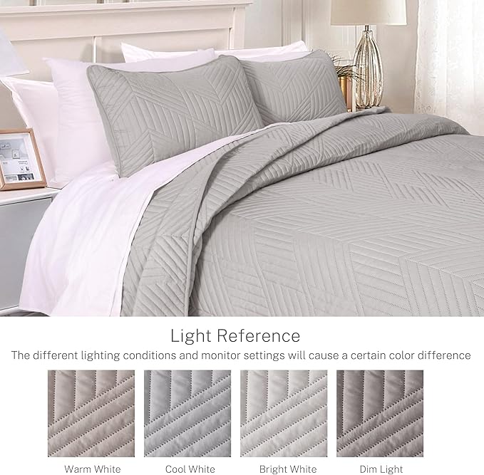 Exclusivo Mezcla Ultrasonic Twin Quilt Bedding Set, Lightweight Light Grey Bedspreads Soft Modern Geometric Coverlet Set for All Seasons (1 Quilt and 1 Pillow Sham)