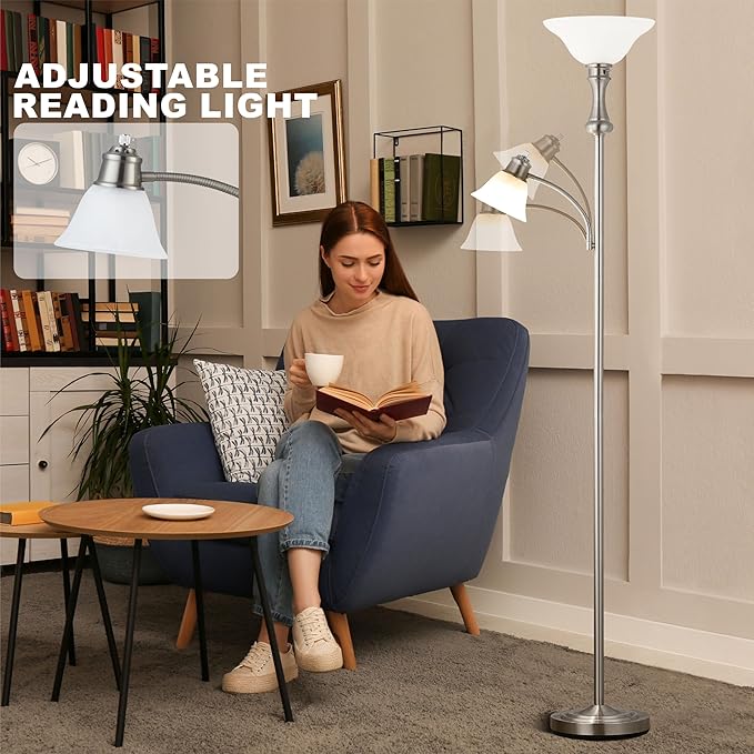 71'' Torchiere Floor Lamps for Living Room, Tall Floor Lamp for Bedroom with Adjustable Angle Arc Reading lamp, Modern Standing lamp with Glass Shade, Knob Switch, Bulb Included, Silver