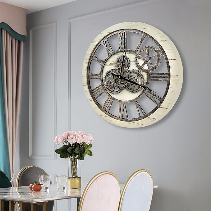 The B-Style Large Wall Clock 24 inch Moving Gear Wall Clock Oversized Vintage Farmhouse Wall Clocks for Living Room Decor Rustic Industrial Wood Clock (Desert Beige and Bronze, 36 inch/90cm)