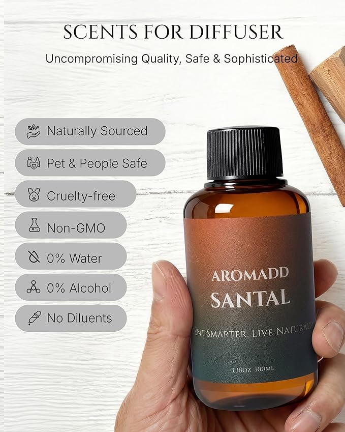 Aromadd Santal Diffuser Oil Inspired by Luxury Hotel Scent, Essential Oils for Waterless Diffuser, Warm Sandalwood & Amber Aroma, Long-Lasting & Natural Home Fragrance - 3.38 fl oz (100 mL)