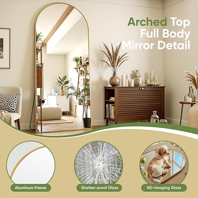 Full Length Mirror, 59"x19" Arched Full Body Mirror, Oversized Floor Mirrors, Leaning Free Standing Mirrors, Hanging Mounted Large Mirrors for Bedroom Dressing Room, Cloakroom, Gold