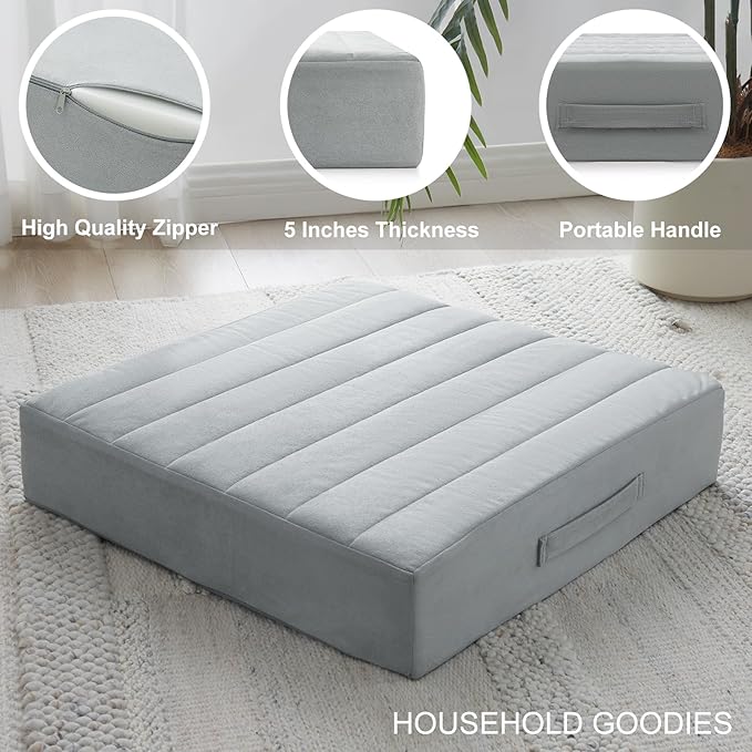 22 inches Floor Pillow for Adults - Large Meditation Cushion with Thick Foam & Soft Tufted Cover - Premium Outdoor Square Floor Cushion Seat - Yoga Pillows for Sitting On Floor - Light Gray