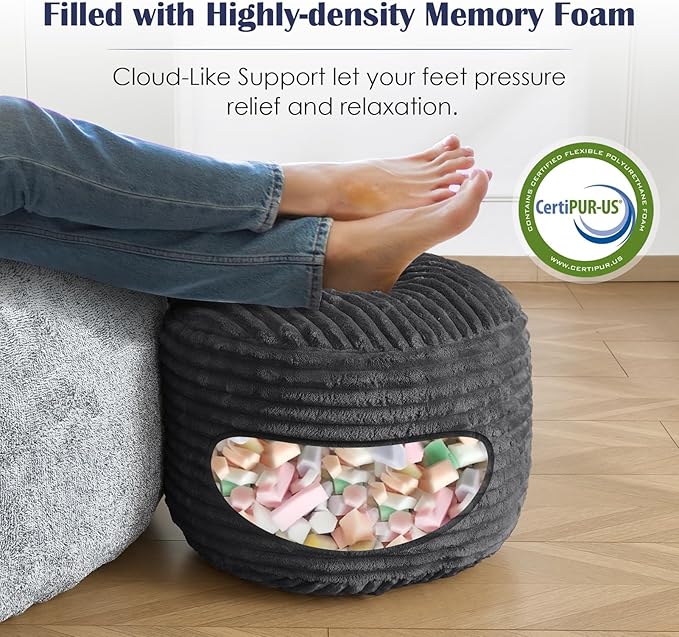 Round Pouf Ottoman,Corduroy Poufs with Memory Foam Filling for Foot Rest,Soft Footstool for Living Room,20"x 17",Dark Grey