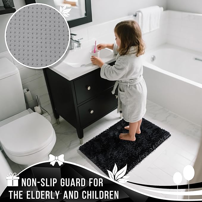 Yimobra Chenille Bathroom Rugs Non Slip, Extra Thick Soft Absorbent Bath Rug, Machine Washable Quick Dry Bath Mat for Bathroom Floor, Tub and Shower, Home Decor Accessories, 24x17, Black