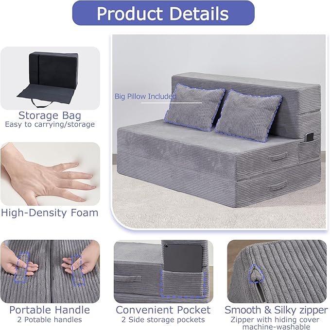 Folding Sofa Bed, 4 in 1 Convertible Sleeper Chair with Pillow, Twin Memory Foam Fold Out Chair Bed, Modern Floor Futon Sofa Couch Mattress for Living Room/Guest/Apartment, Light Gray