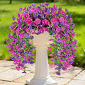 Artificial Hanging Flowers for Outdoors, 4 PCS UV Resistant Faux Plants Silk Realistic 150 Morning Glory Each Vines, Fake Plastic Floral for Garden Patio Spring Summer Decor, Fuchsia & LightPurple