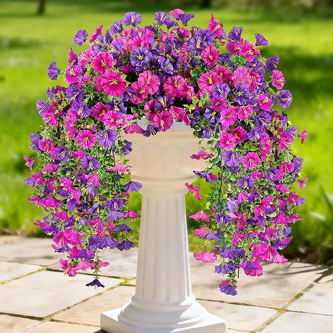 Artificial Hanging Flowers for Outdoors, 2 PCS UV Resistant Faux Silk 150 Morning Glory Each Trailing Vines, Fake Plants for Spring Outdoor Garden Planter Porch Patio Decoration, Fuchsia & LightPurple