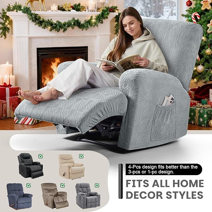 VANSOFY Recliner Chair Covers, 4-Pieces Stretch Recliner Cover Jacquard Soft Reclining Chair Slipcover Furniture Protector with Elastic Bottom for Lazy Boy Recliner(Light Gray)
