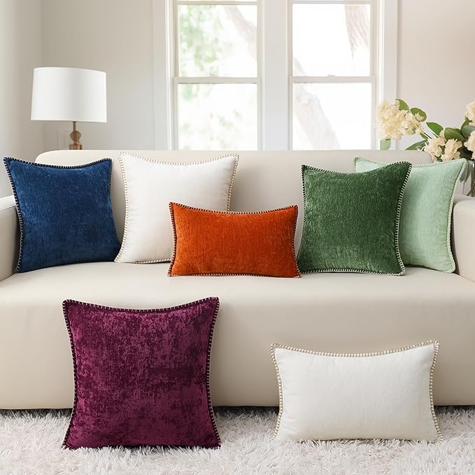 decorUhome Spring Chenille Soft Cozy Throw Pillow Covers 26x26 Set of 2, Modern Farmhouse Boho Velvet Decorative Euro Sham Pillow Cases with Stitched Edge for Couch Sofa Bed Home Decor, Rust