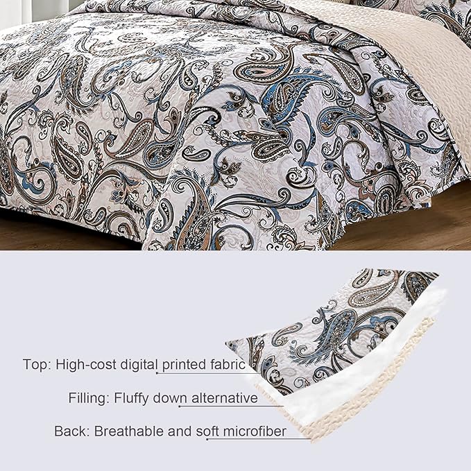 Whale Flotilla Reversible Printed Quilt King Size, Extra Soft Boho Paisley Floral Bedspreads for Bed Lightweight King Quilt Bedding Set Coverlets with 2 Pillow Shams for All Seasons, Bone Grey