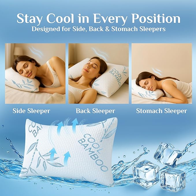 OMEO 2 Pack Bamboo Pillow King Size for Sleeping, Hypoallergenic Cooling Shredded Memory Foam Bed Pillows for Side, Back and Stomach Sleepers, Adjustable Loft and Washable Cover 20" x 36"
