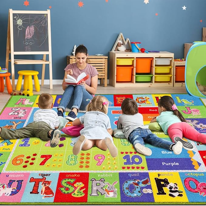 ABC Kids Rug, Kids Carpet for Playroom, Classroom Carpet with Anti-Slip Back, Educational Preschool Rugs with ABC, Numbers, Animals Colors, Shapes, Extra Large Thick (Style 5, 9'8" x 6'5")