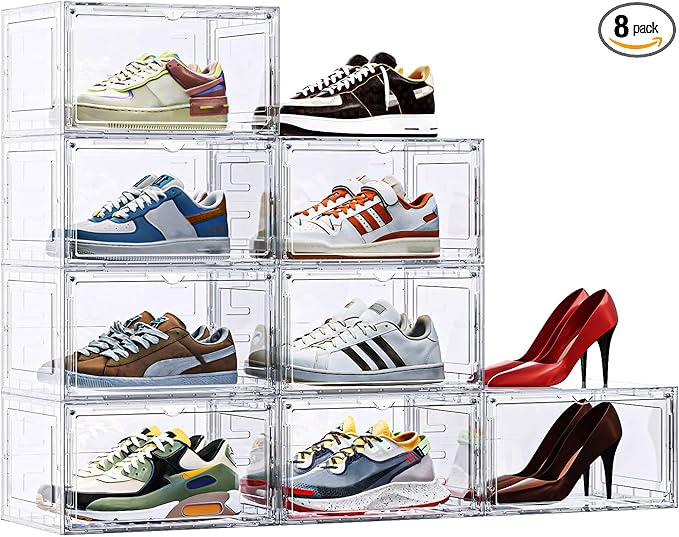 8 Pack XX Large Shoe Organizer, Heavy-Duty Hard Thicken Plastic Clear Stackable Shoe Storage Box Organizer for Closet, Space-Saving Shoe Rack Display Case Bin Containers for Sneakers, Clear