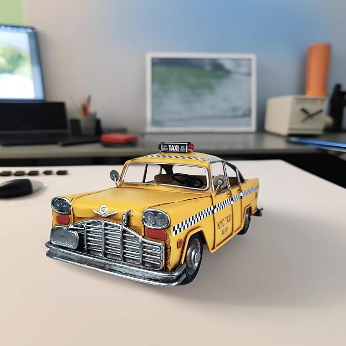Retro Handmade Yellow NYC Classic Checkered Taxi Cab Model 11" L New York City Taxi Model Hand Made Metal Collectible Vehicle Model for Showcase Decor