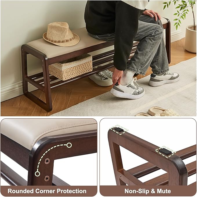 Uniclinens Wooden Shoe Rack Bench, End of Bed Bench Bedroom, Entryway Bench with Cushion 2-Tier, Long Shoe Storage Bench for Hallway Living Room (Walnut, 47.2'')
