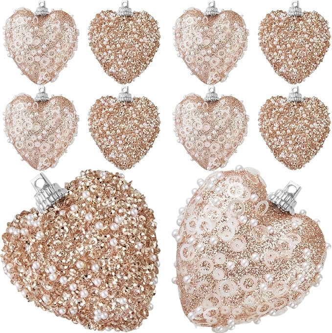 Rose Gold Christmas Ball Ornaments 10Pcs Glitter Sequin Heart Shaped Baubles Decoration Valentines Pearl Foam Hanging Decor(2.36in)