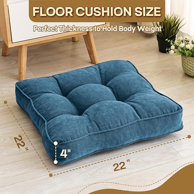 Floor Pillow Set of 2, Memory Foam Floor Cushions for Adults, Large Meditation Pillow for Sitting, 22 x 22 Inches (Square | Navy)
