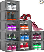XX Large Clear Shoe Storage Box Organizer for Closet, 9 Pack Thicken Hard Plastic Stackable Shoe Sneaker Rack Display Case Container Bins Organizer, Easy Assembly, Grey