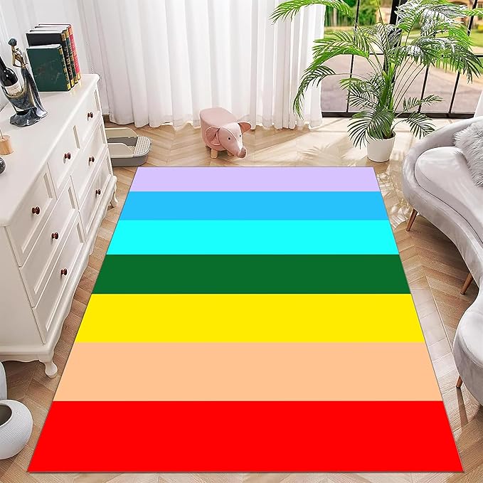 Soft Rainbow Area Rugs Girl's Bedroom Fluffy Colorful Rugs Furry Kids Play Mats Simple Rainbow Line Print Living Room Kids Room Nursery Home Decor 5x8ft