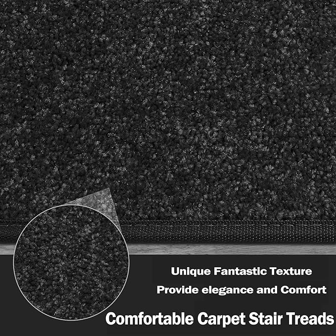 PURE ERA Bullnose Carpet Stair Treads Set Tape Free Non-Slip Indoor Stair Protectors Pet Friendly Rugs Covers Soft Skid Resistant Washable Reusable 9.5" x 30"(14 Pieces,Black)