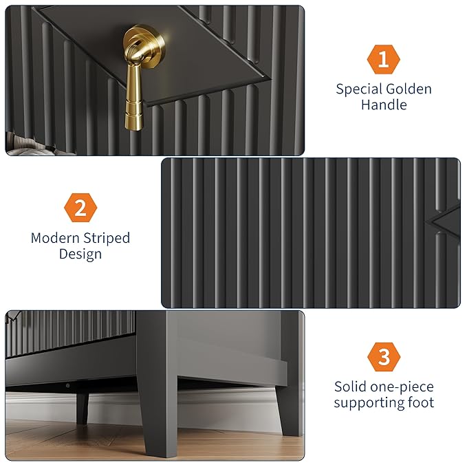 GarveeHome Wood Nightstand Fluted Dresser for Bedroom, 27.5" Wide 3-Drawer Bedside Tables, Modern Chest of Drawers, Storage End Table Living Room, Hallway, Entryway, Black