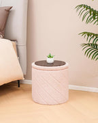 Round Ottoman with Storage, Boucle Foot Rest Stool with Reversible Tray Lid, Folding Teddy Ottoman Coffee Table for Dorm Living Room Bedroom Entryway, Pink,13" x 13" x 13.8"