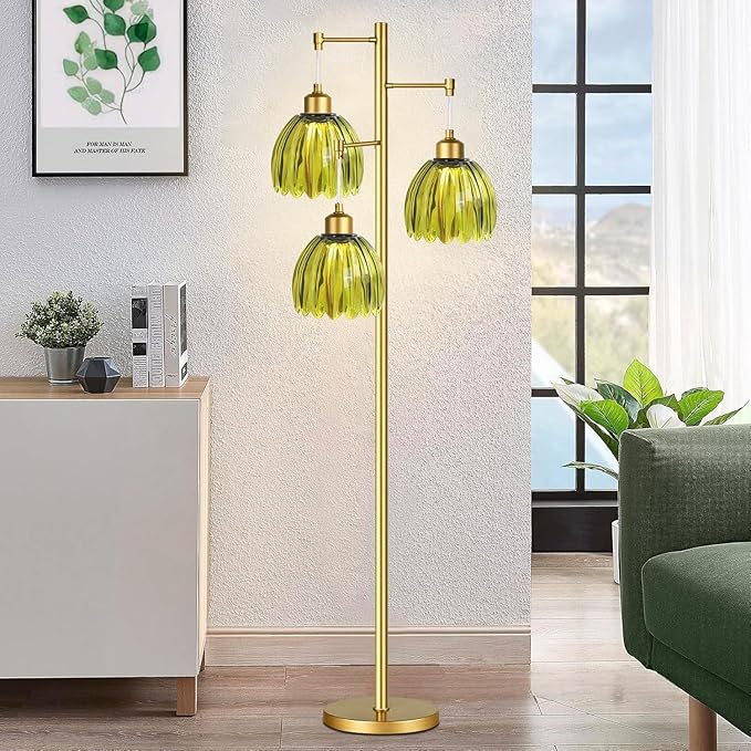 Vintage Floor Lamps for Living Room-3 Light Gold Floor Lamp with Three Bulbs & Glass Lampshape,Glass Mid Century Modern Standing Lamp Tree Tall Flower Floor Lamp for Bedroom Living Room,Corner