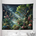 Ambesonne Aesthetic Tapestry King Size, Exotic Forest of Twilight with Trees Bushes and Flowers Falling Stars, Wall Hanging Bedspread Bed Cover Wall Decor, 104" X 88", Green Dark Night Blue