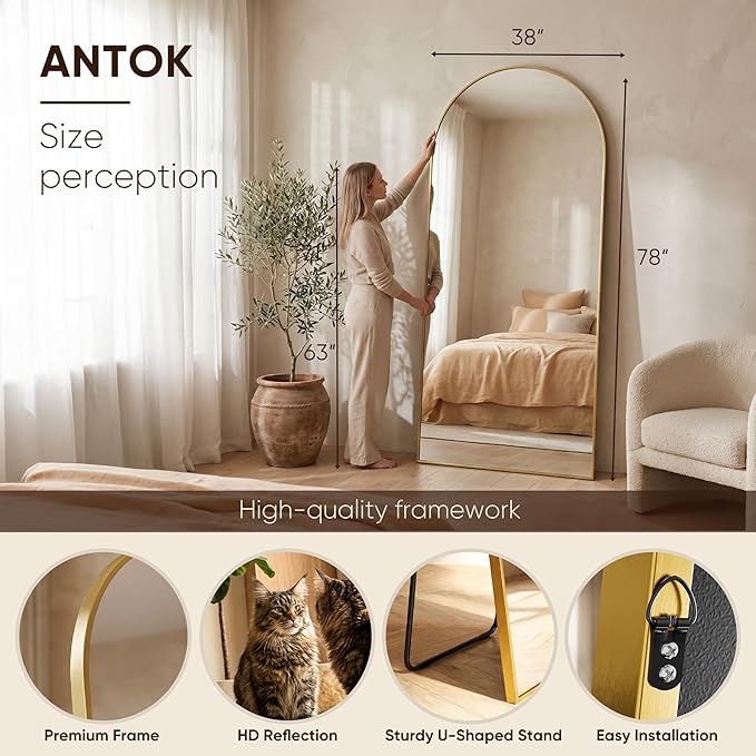 Antok Full Length Mirror, 78"x38" Floor Mirror, Arched Floor Standing Freestanding Arch Full Body Mirrors with Stand for Bedroom, Hanging Mounted for Living Room Cloakroom,Gold