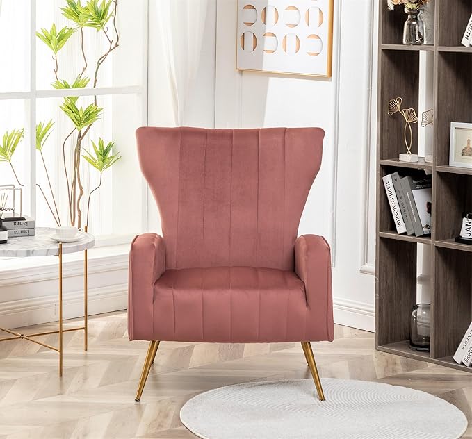 Modern Velvet Accent Chair, Channel Tufted Bedroom, Office or Living Room Furniture with Elegant Metal Legs, 26" Wide Armchair, Rose