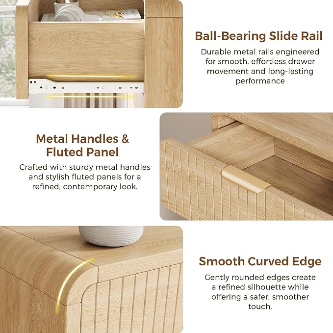 Modern 6 Drawer Dresser, 47" Wide Wood Dressers & Chests of Drawers Curved Profile Design, Mid Century Modern Fluted Dresser for Bedroom, Natural Oak