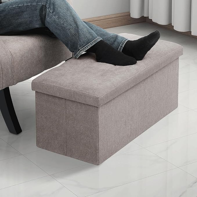 MoNiBloom 30 Inches Storage Ottoman Bench, Rectangle End of Bed Bench, Storage Padded Seat, Linen Fabric Ottoman Footrest for Living Room, Bedroom, Entryway, Sandy Beige