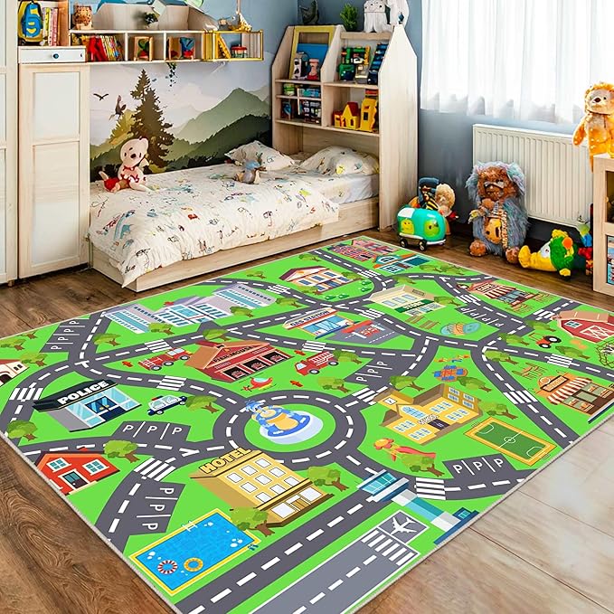 Kids Room Rug - Soft & Non-Slip 8x10 Ft Town Car Rug City Map Play Mat, Childrens Road Catpet Washable Rug for Classroom Nursery Bedroom Boys