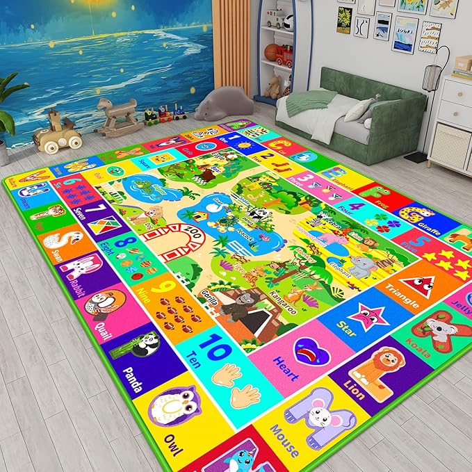 Kids Rug for Playroom, Soft & Non-Slip Educational Rug with ABC, Animals, Numbers, Floor Play Mat for Kid, Preschool Classroom Rugs Playmat for Toddler Nursery Kids (78.7X59 inch, Zoo)