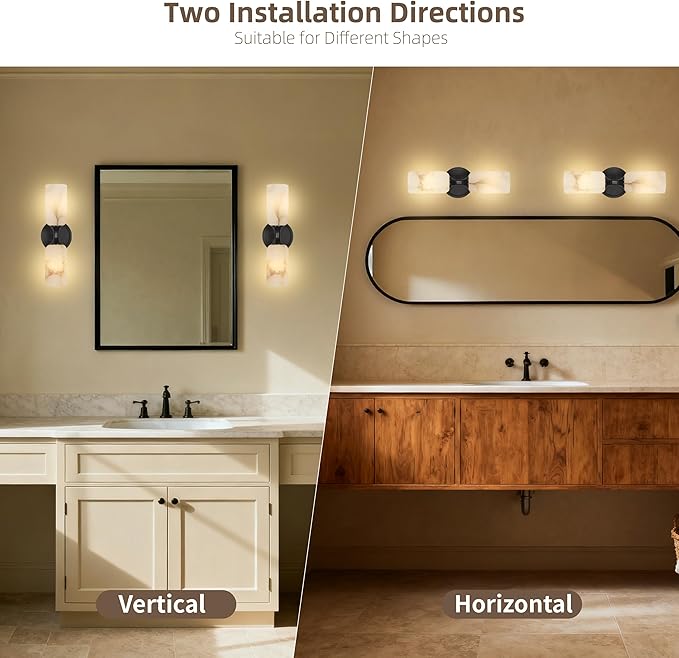 14.4in Alabaster Wall Sconce, Black Sconces with Spanish Marble, Modern Brass Wall Mounted Lamp, Hardwired LED Wall Lighting for Bathroom Bedroom Living Room Staircase Hallway Dining Room