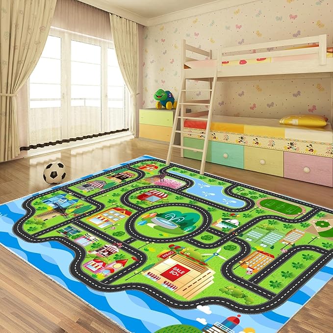 Car Rug,Kids Play Rug with Roads,Playroom Non Slip Car Track City Map for Bedroom Classroom - (59X39.4 Inches)