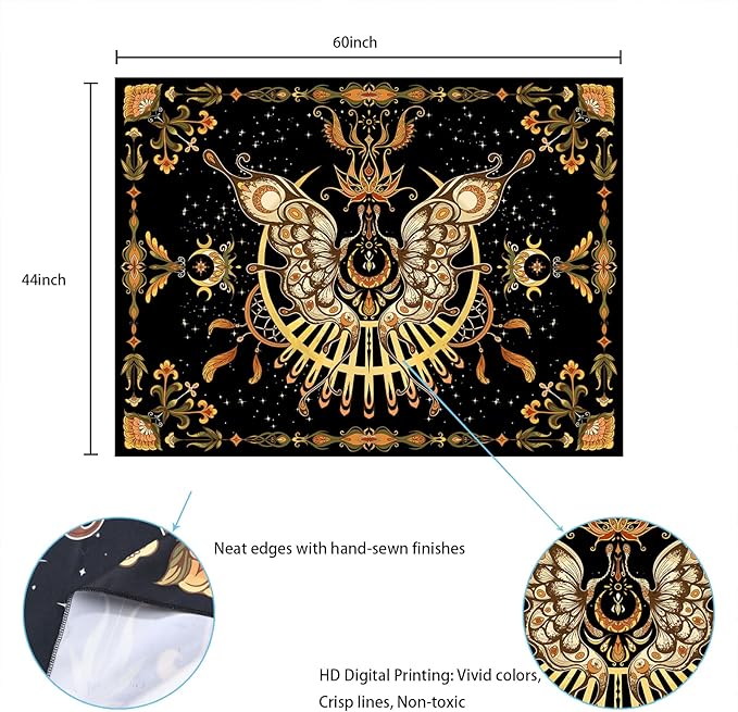 CHDGDHC Butterfly Moth Tapestry,Hippie Floral Aesthetic Wall Tapestries, Psychedelic Aesthetic Decor, Large Tapestry for Bedrooms, Living Rooms, and Dorms-60x44 Inch