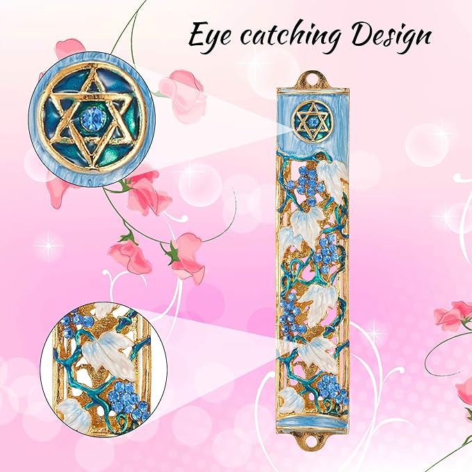 Matashi Hand Painted Blue and Ivory Enamel Grape Mezuzah Embellished with Gold Accents and Crystals Home Door Wall Decor Housewarming Present Gift for Festival (6 inch)