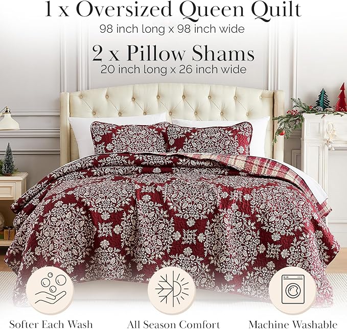 Southshore Fine Living, Inc. Christmas Quilt, Queen Size Size with 2 Pillow Shams, Reversible Plaid Christmas Bedding Set, Coverlet Queen Size - Red Plaid