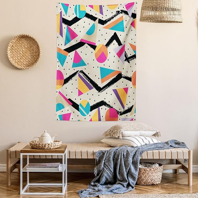 Ambesonne Indie Tapestry, Eighties Memphis Fashion Style Geometric Abstract Colorful Design Dots Funky, Wall Hanging for Bedroom Living Room Dorm Decor, 60" X 80", Cream Pink