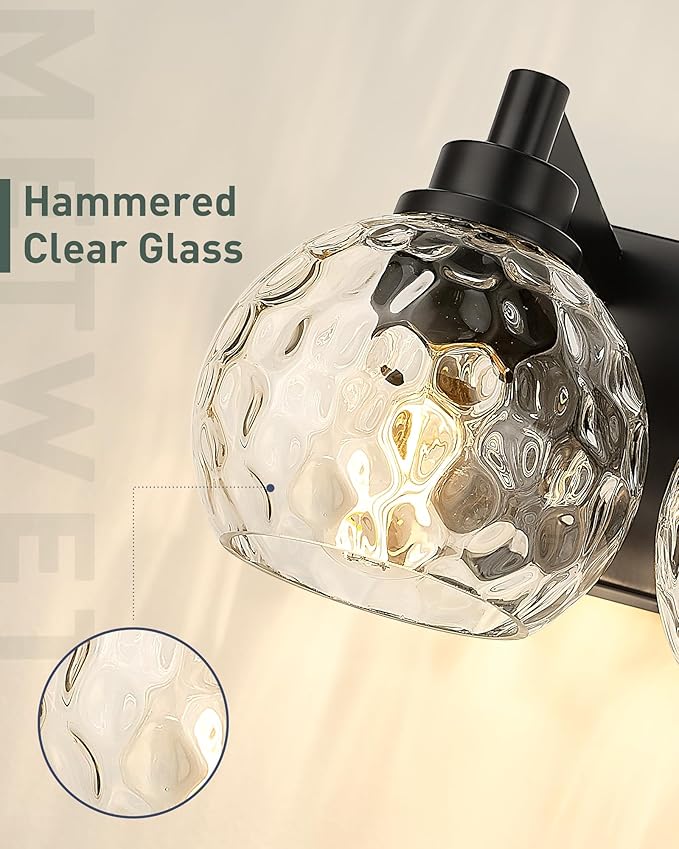 Bathroom Light Fixtures Over Mirror, 26" Matte Black Vanity Light with Clear Hammered Glass Globe Shade, 4-Light Modern Sconces Wall Lighting for Bedroom Hallway, VL200-MB-CL-4